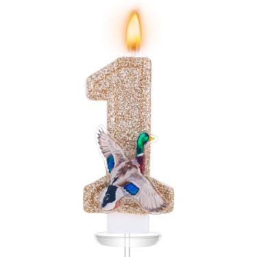 Imagem de Vela de aniversário Pato Mallard Número 1 Brilhante Glitter Vela Numeral Dourada Temporada de Caça Pato Verde Decoração de Festa para Chá de Bebê Festa de Aniversário Suprimentos de Lembrança