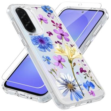 Imagem de Ryphez Capa para Samsung Galaxy A36 5G com película de vidro temperado. Capa protetora de TPU à prova de choque e capa traseira de acrílico transparente para Galaxy A36 5G (flores roxas)