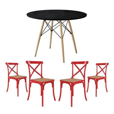 Imagem de Conjunto De Mesa Eiffel Redondo Tampo De Madeira 90Cm Preto Com 4 Cadeiras Katrina Vermelha Assento