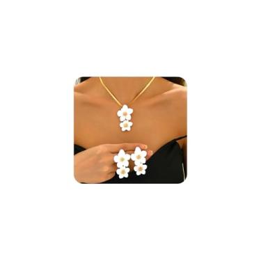 Imagem de Navirix Conjunto de colar de brincos de flor de ouro vintage para mulheres, colar com pingente floral branco, brincos pendurados, conjuntos de joias de casamento, acessórios, Large, Metal, Sem Pedra
