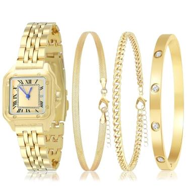 Imagem de NEWITIN Conjunto de 4 peças de pulseiras femininas de ouro, bijuterias, bijuterias, banhadas a ouro, quadrado, relógio de pulso, pulseira de diamante, conjunto de joias para mulheres, Dourado