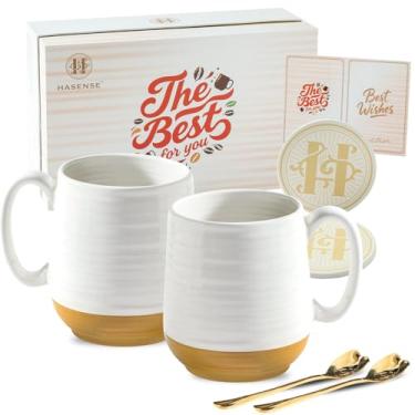 Imagem de HASENSE Conjunto de canecas de café, canecas de cerâmica de 590 ml, conjunto de 2 com alça, porta-copos esmaltados e colheres em caixa de armazenamento, para café, chá e cacau, canecas brancas para