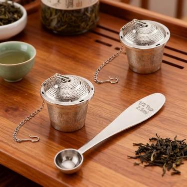 Imagem de 2 conjuntos de infusor de chá com colher de chá e dray de gotejamento - coador de chá ultrafino para chá de folhas soltas - Infusor de chá de aço inoxidável para uma experiência de preparação superior