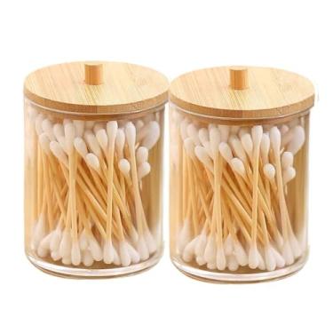 Imagem de Porta Cotonete Acrílico com Tampa Bambu Alta Durabilidade, Vedação e Armazenamento Eficiente (Kit 2 Pequeno (P))