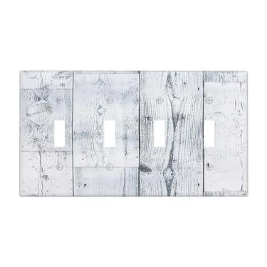 Imagem de Nadoabtm Capas para interruptores de luz, vintage, cinza, branco, grão de madeira, quadriciclo, placa de parede de 4 grupos, placas decorativas para decoração de banheiro de fazenda