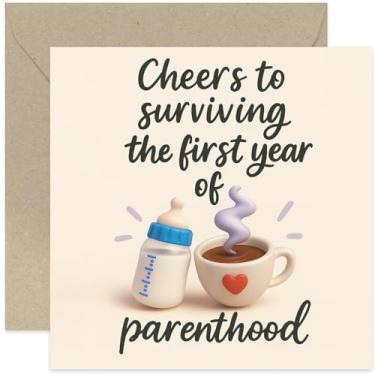 Imagem de Cartão engraçado de sobrevivência para pais no primeiro ano, cartões de 1º aniversário, presente hilário para amigos e familiares - quadrado, em branco por dentro com envelope premium