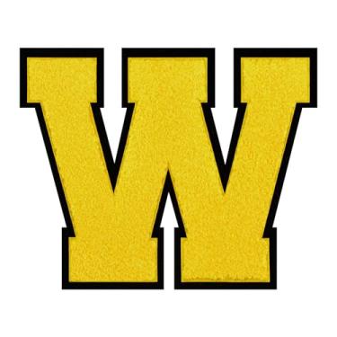 Imagem de 1 PÇ Patch de letra de chenille amarelo de 15 cm com borda preta – Remendos do alfabeto para roupas, jaquetas, mochilas, chapéus para decoração personalizada, nome personalizado e artesanato. (W)