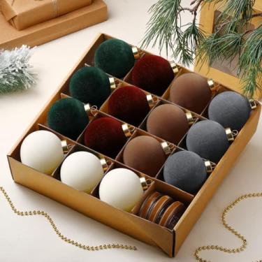 Imagem de Simgoing 15 peças de enfeites de bola de Natal de veludo, decorações de árvore de Natal flocadas de 7,5 cm com fita de veludo de 10 metros, bordô, verde, azul, marfim, bolas de Natal inquebráveis para