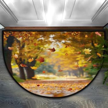 Imagem de Tapete de porta meio redondo, folhas de floresta de outono, antiderrapante, absorvente, semicírculo, tapetes laváveis, para ambientes internos e externos, pátio, cozinha, banheiro, entrada, lareira