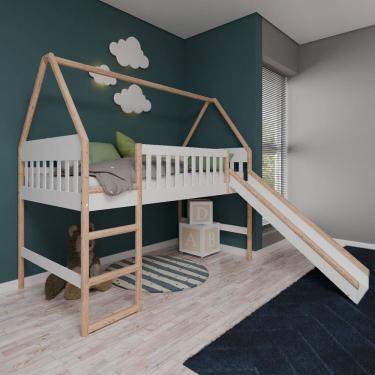 Imagem de Cama Cabana Elevada Infantil com Escorregador Arredus Branco/Natural