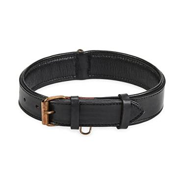 Imagem de Coleira para cachorro de couro real acolchoada interior macio com visual vintage premium feito à mão com anel de etiqueta para animais de estimação pequenos médios e grandes (grande (3,81 cm de largura para 41,91 cm - 52,12 cm de pescoço), preto)