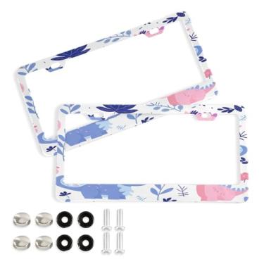 Imagem de Wassud Moldura de placa de carro com padrão de dinossauros fofos com parafusos, pacote com 2 molduras decorativas de etiqueta de carro, acessórios universais de carro para mulheres e homens