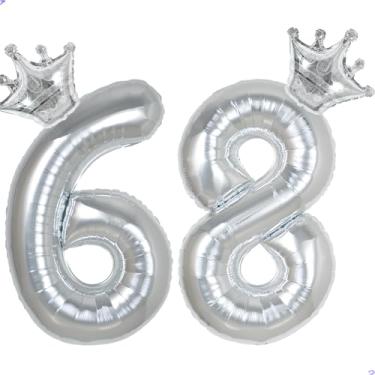 Imagem de 68 balões com números de 101,6 cm prata para decorações de aniversário de 68 anos para homens e mulheres, decoração de aniversário de 68 anos de Mylar gigante para ele e ela