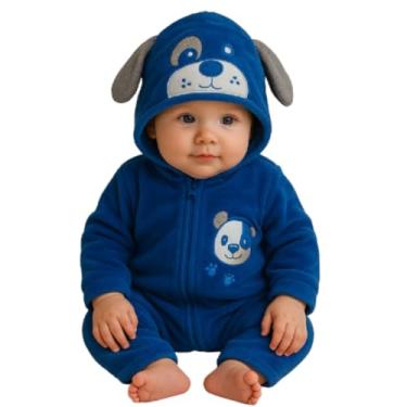 Imagem de Macacão Infantil Plush Bebê Fantasia Manga E Capuz Temático (Azul/Cachorro, P)