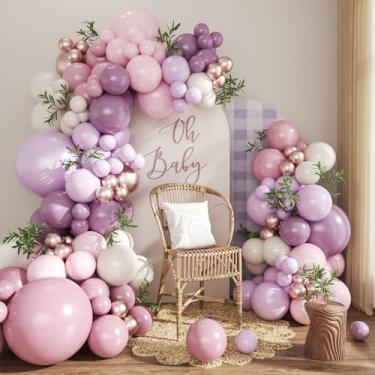 Imagem de Kit de arco de balão roxo empoeirado, 124 peças, kit de arco de guirlanda de balões rosa e roxo, lavanda, lilás, roxo claro, rosa empoeirado, dourado, rosa, areia branca, para chá de bebê, chá de