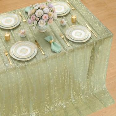 Imagem de Horaldaily Toalha de mesa retangular de gaze verde sálvia 152 x 213 cm, folha metálica com glitter de lantejoulas douradas, gaze de tule transparente para casamento, chá de bebê, cerimônia de