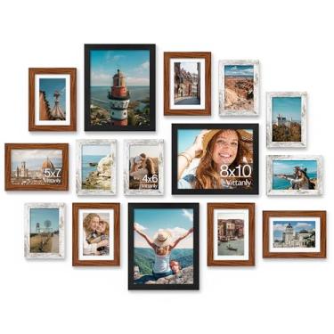 Imagem de Vittanly Pacote com 15 porta-retratos para decoração de parede para montagem ou exibição de mesa, conjunto de molduras de galeria, incluindo 3 peças 20 x 25, 6 x 17, 6 peças 10 x 15, preto, marrom