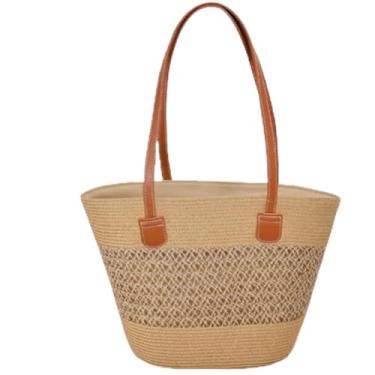 Imagem de Bolsa Tote de Palha Trançada com Alças de Couro Sintético Marrom