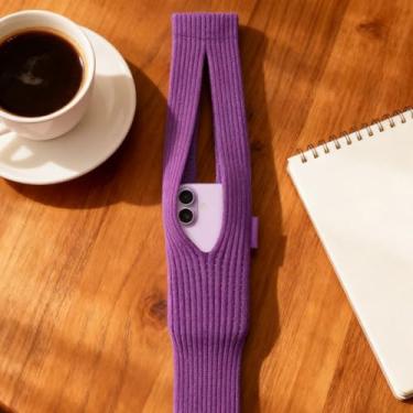 Imagem de Bolsa de telefone de malha roxa com cordão, capa protetora macia e extensível para transporte diário