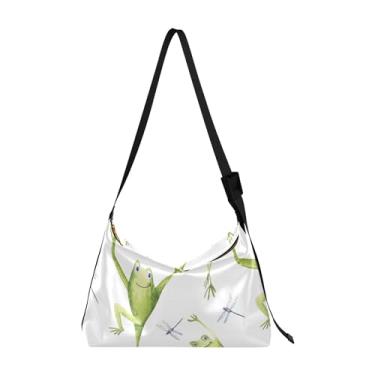 Imagem de Bolsa de ombro de couro verde com desenho de sapos fofos, bolsa masculina com estampa de animal, bolsa Hobo de ombro feminina, Aquarela Funny Frogs Green