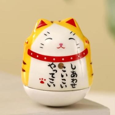 Imagem de FENNYYAR Maneki Neko de cerâmica listrada, 4,5 cm, 4,3 cm, decoração de casa, estátua japonesa de gato da sorte
