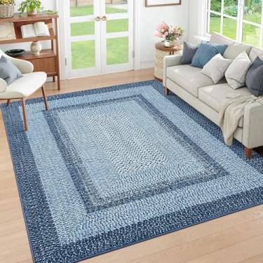 Imagem de RUGSREAL Tapete lavável, 12 x 18 cm, boêmio, moderno, geométrico, cobertura, trançado, estampado, tapete baixo antiderrapante, rústico, boêmio, para sala de estar, quarto, azul