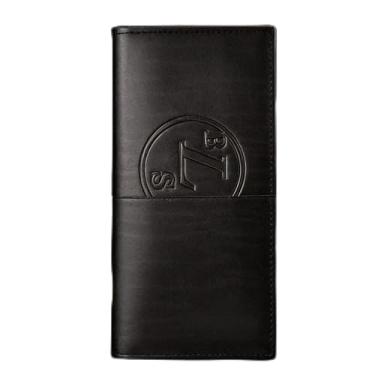 Imagem de Carteira masculina ultrafina de couro sintético brilhante preta com alça vertical, design retrô vertical com alça, couro sintético brilhante e estrutura ultrafina para volume mínimo