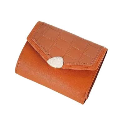 Imagem de Carteira feminina de couro genuíno com dobra dupla/tripla - Suporte minimalista para cartão de crédito com bloqueio de RFID e bolso para moedas, Marrom, Casual