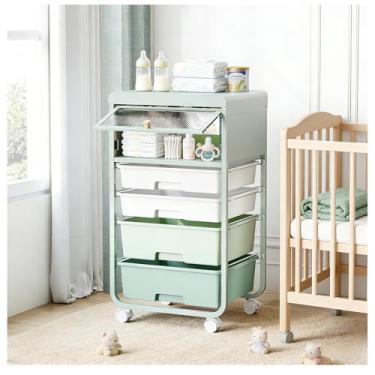 Imagem de SYKIARIOL Armazenamento de brinquedos infantis com rodas, organizador de brinquedos com 4 gavetas com porta dobrável para berçário, quarto, sala de jogos, prateleira de armazenamento de livros, verde