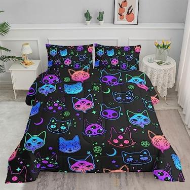 Imagem de Axolotl Jogo de cama kawaii com estampa de gato, 1 edredom e 2 fronhas, temática de gatos neon colorido, lua e estrelas, para todas as estações