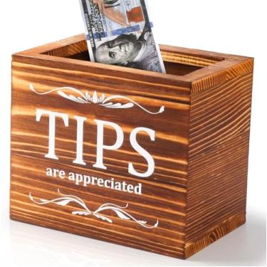 Imagem de Yitla SAFEPote de ponta de madeira para bartenders, caixa de pontas com tampa magnética para restaurante, doações ou sugestões, recipiente de coleta de dinheiro para bares, restaurantes, cafés, 12 x