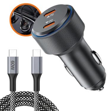 Imagem de Kit Carregador Veicular Turbo AutoCharge 60W com Cabo Reforçado e 2 Entradas USB-C Super Rápida Compativel com Aparelhos Android e Todas as Versões dos iPhones 15 ao 17 Pro Max.