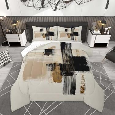 Imagem de Feelyou Conjunto de edredom preto dourado moderno e minimalista para todas as estações, com 2 fronhas, linha geométrica, microfibra para decoração de quarto, edredom respirável, macio e leve