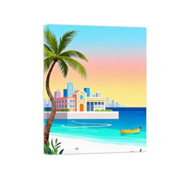 Imagem de Pôster paisagem - Prédios árvores praia - Impressões em Tela - Imagem Moderna Natureza para Sala de Estar Decoração 60x80cm Tela Embrulhada