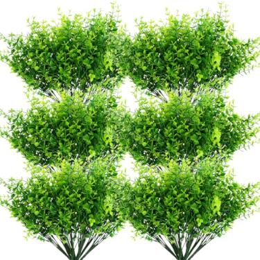 Imagem de Grevosea 24 pacotes de plantas de vegetação artificial, plantas falsas resistentes a raios UV, caules, arbustos falsos, planta de buxo, vegetação de plástico sintético para fazenda, jardim, casamento