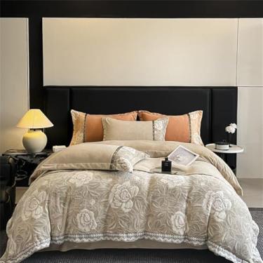 Imagem de Conjunto de cama de veludo cor de leite com estampa floral, quente e grosso, ideal para o inverno. Inclui capa de edredom, lençol e fronhas. Tamanho Queen (200x230cm). 4 peças.