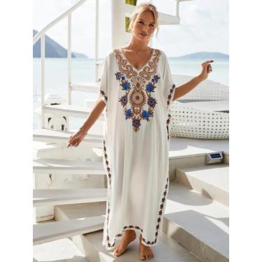 Imagem de Vestido Kaftan Boho plus Size Com Decote Em V E Bordado, Moda De Praia
