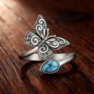 Imagem de Anéis vintage ajustáveis para mulheres, coração libélula borboleta girassol, opala turquesa obsidiana abalone anel de polegar ajustável joia em forma de colher, presente boho empilhável, 0.05ct, Metal