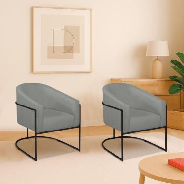 Imagem de Kit 2 Poltronas Decorativa Jade Moderno Escritório Confortável Luxo Base De Ferro Preto Linho Cor Cinza Claro