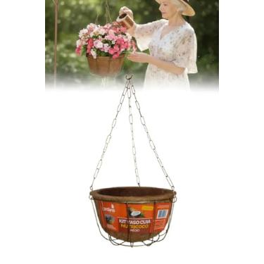 Imagem de Cuia Vaso Suspenso com Suporte em Metal, Fibra Natural de Coco, Dourado, 23cm Diâmetro, Corrente 43cm