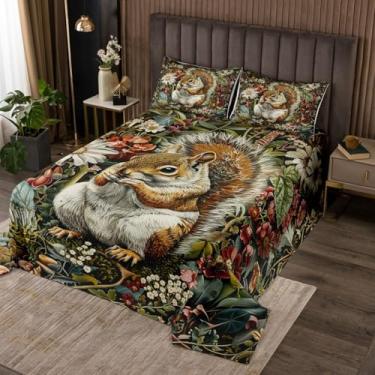 Imagem de Manfei Colcha infantil esquilo, tamanho king, conjunto de colcha botânica com folhas de margarida, decoração de quarto de meninas e meninos, colcha acolchoada de casa de fazenda rústica animal, colcha