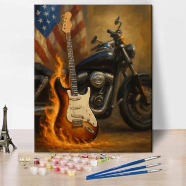 Imagem de TUMOVO Pintura por números para adultos guitarra elétrica e motocicleta pintura por números para adultos tintas de guitarra elétrica flamejante por números para decoração de parede de casa EUA
