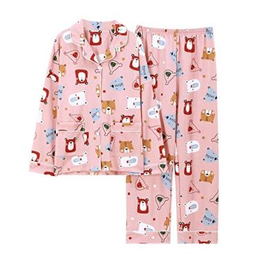 Imagem de HHHJQFAAT Conjunto de pijama de manga comprida para mulheres com botão para dormir plus size macio conjuntos de pijama M rosa (azul XX)