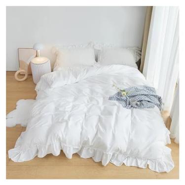 Imagem de Jogo de cama para meninas, lençol de casal de renda com babados, lençol de casal com fronha (solteiro branco)