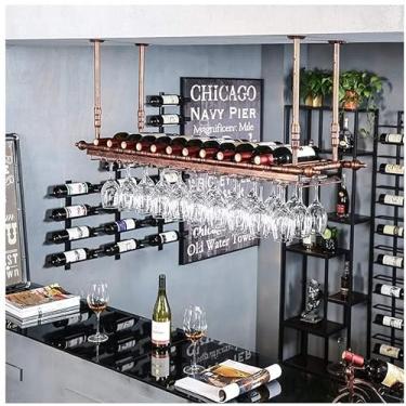 Imagem de HHHJQFAAT Rack de vinho pendurado - Barra de cabeça para baixo rack de taça criativo, decoração de rack de garrafa de vinho pendurada, rack de copo de vinho/marrom/80 x 30 cm (marrom 60 x 30 cm)
