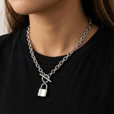 Imagem de Colar de cadeado de titânio para mulheres e homens, colar com pingente de corrente de elos grossos, joia gótica punk Y2K não manchada, Adjustable, Metal, Sem Pedra Preciosa