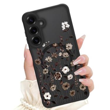 Imagem de SAKUULO Capa magnética para Samsung Galaxy S25 Plus de 6,7 polegadas, compatível com Magsafe Capa de telefone translúcida fosca com estampa floral preta de silicone para mulheres e meninas