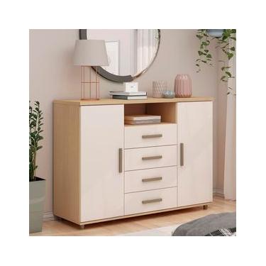 Imagem de Cômoda Genialflex Berlim com 2 Portas, 4 Gavetas, 2 Prateleiras, 1 Nicho e 136cm de largura - Freijó/White Laca