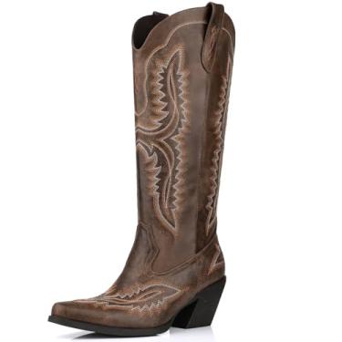 Imagem de DANAZANA Botas femininas de cano alto até o joelho, panturrilha larga, strass, botas caubói, bico fino, salto grosso, bordado brilhante, bota com meio zíper lateral, bota country brilhante, tamanho 6