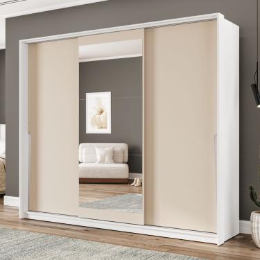 Imagem de Guarda Roupa Casal com Espelho 3 Portas de Correr Porto Politorno - Branco/Creme